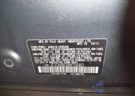 2011 Subaru Forester 2.5X from USA, damaged, VIN JF2SHABC6BH754461